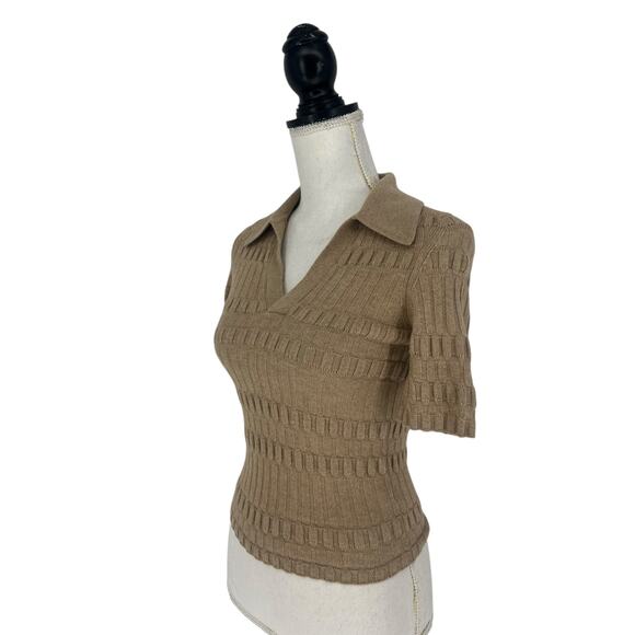 Paige Dune Collared Merino Wool Polo Shirt in Camel - Picture 6 of 11